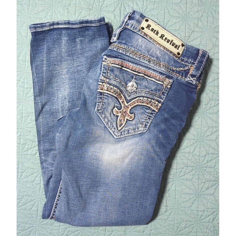 Rock Revival Felina Jeans Easy Crop Sz 28 Women’s Blue Distressed Embroidered - Picture 3 of 15